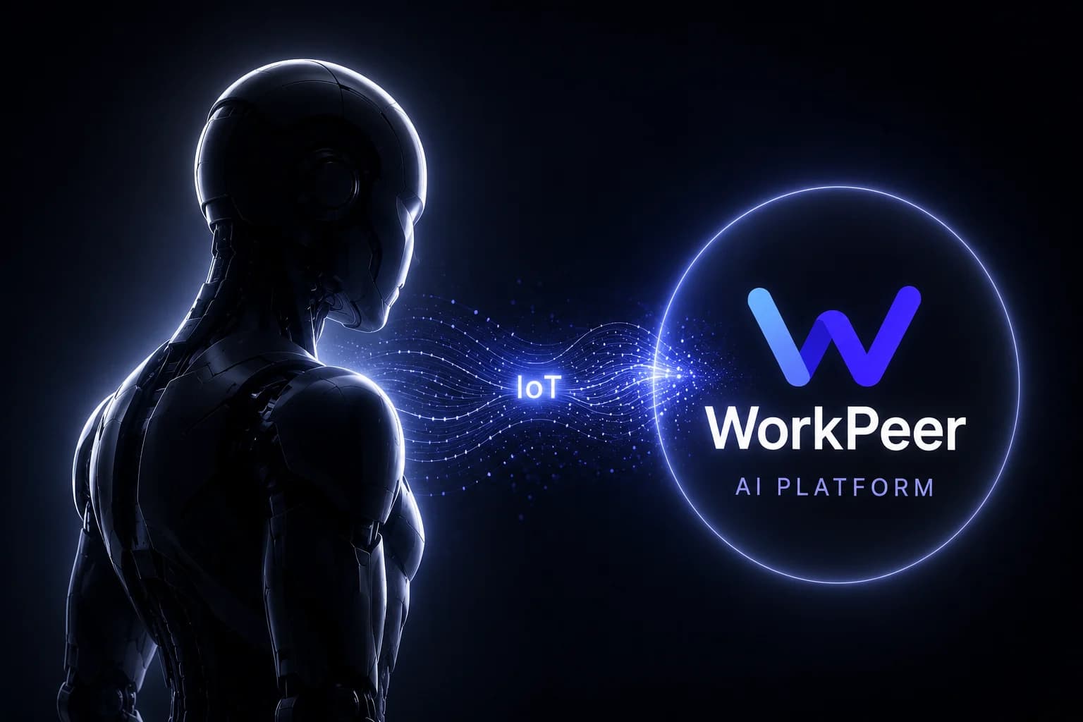 WorkPeerが目指すPhysical AI時代のコンセプト図。左のAIロボットがIoTでデータを送り、右のWorkPeer(AIプラットフォーム)と統合されるイメージ。