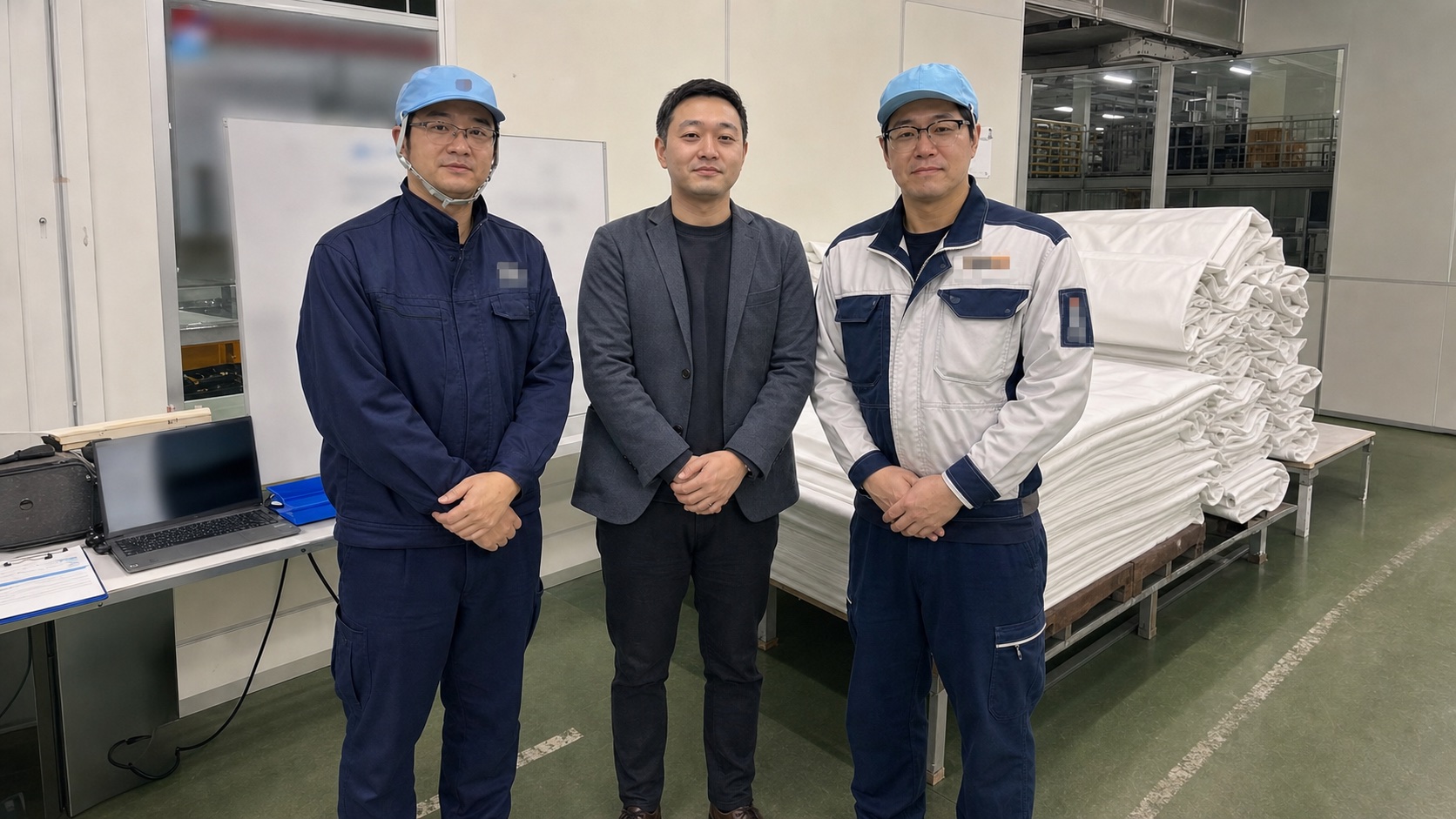 製造現場で、Black AI担当者と製造部門の担当者が白い柔軟重量材の前に立っている。