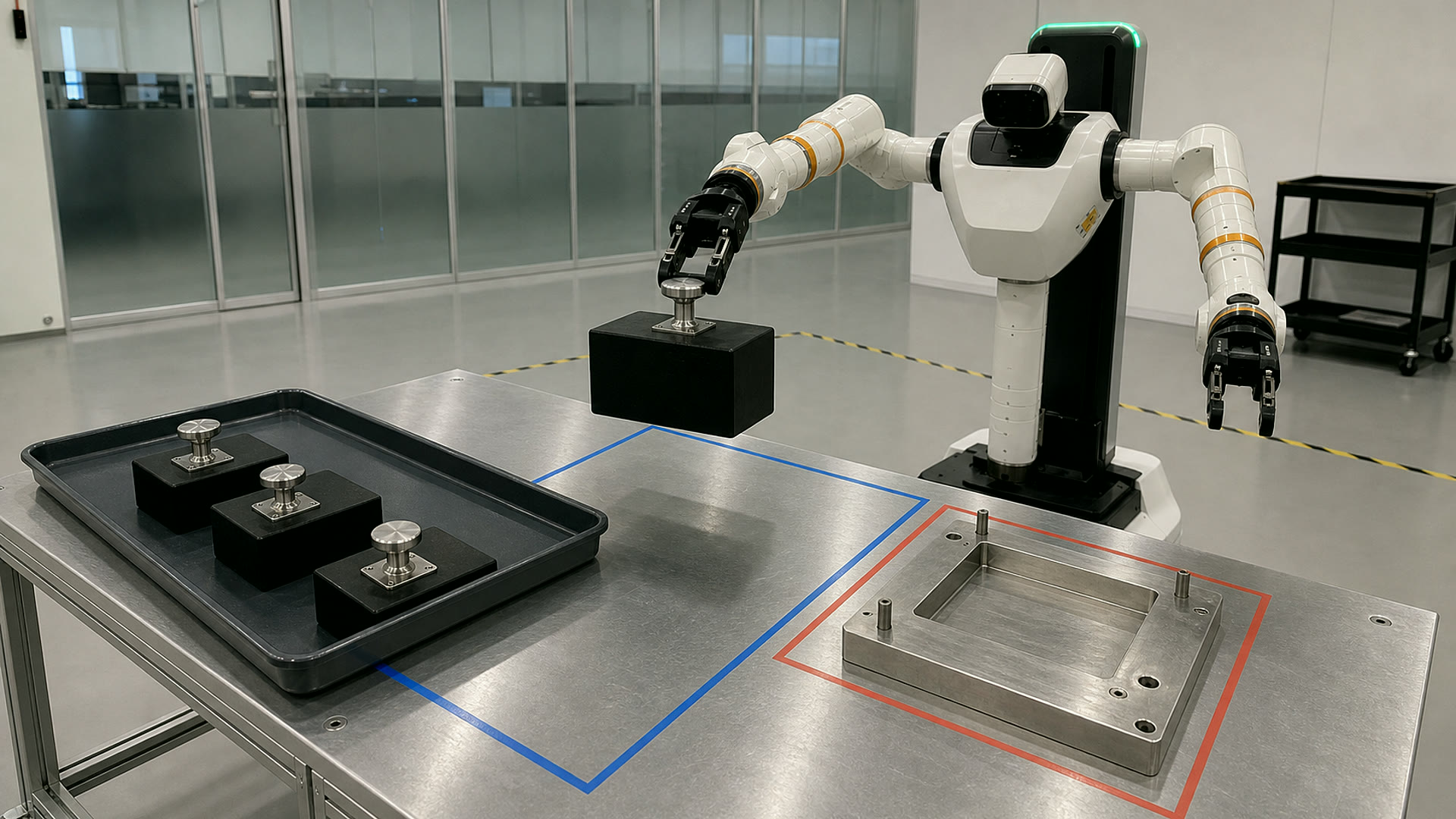 移動式双腕ロボットが、実験台上の黒い治具カセットを持ち上げ、供給トレーから治具座へ移している。