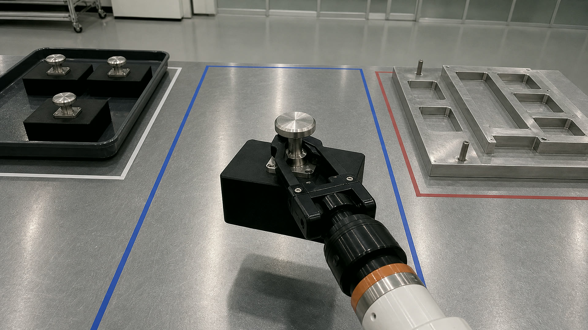 ロボットのRGBカメラから見た、治具カセット、持ち上げ用スタッド、専用グリッパーフィンガー、供給トレー、治具座。