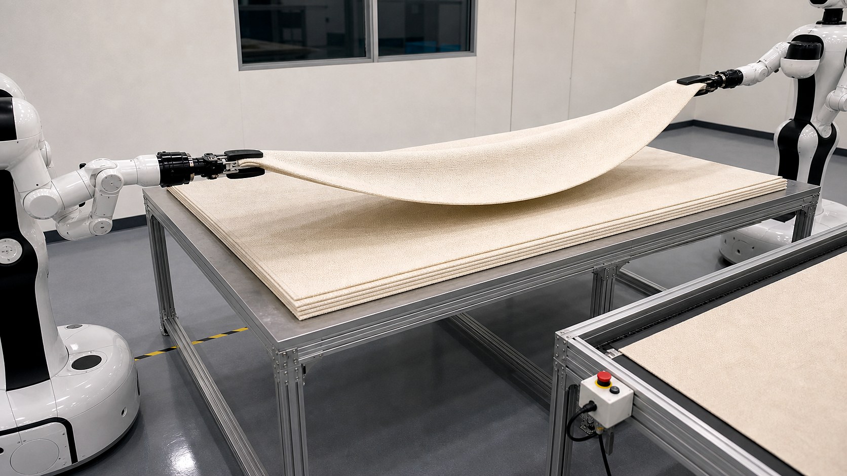 2台の白い移動式双腕ロボットが、積み重なった厚手の布から最上層だけを持ち上げている。