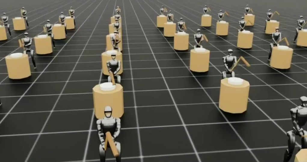 Isaac Sim 上で多数のヒューマノイドロボットを並列に学習させる、強化学習のシミュレーション画面。